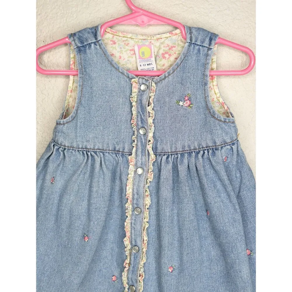 Vintage Y2K 2001 Gymboree Denim Prairie Dress Size 6-12 Mos Floral Embroidery